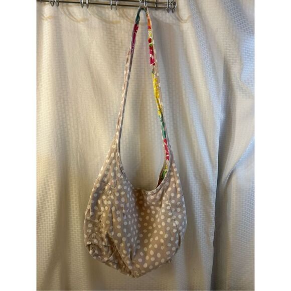 Thirty-one 31 reversible crossbody tote boho hobo beige dots flowers 16x14" - Picture 2 of 6